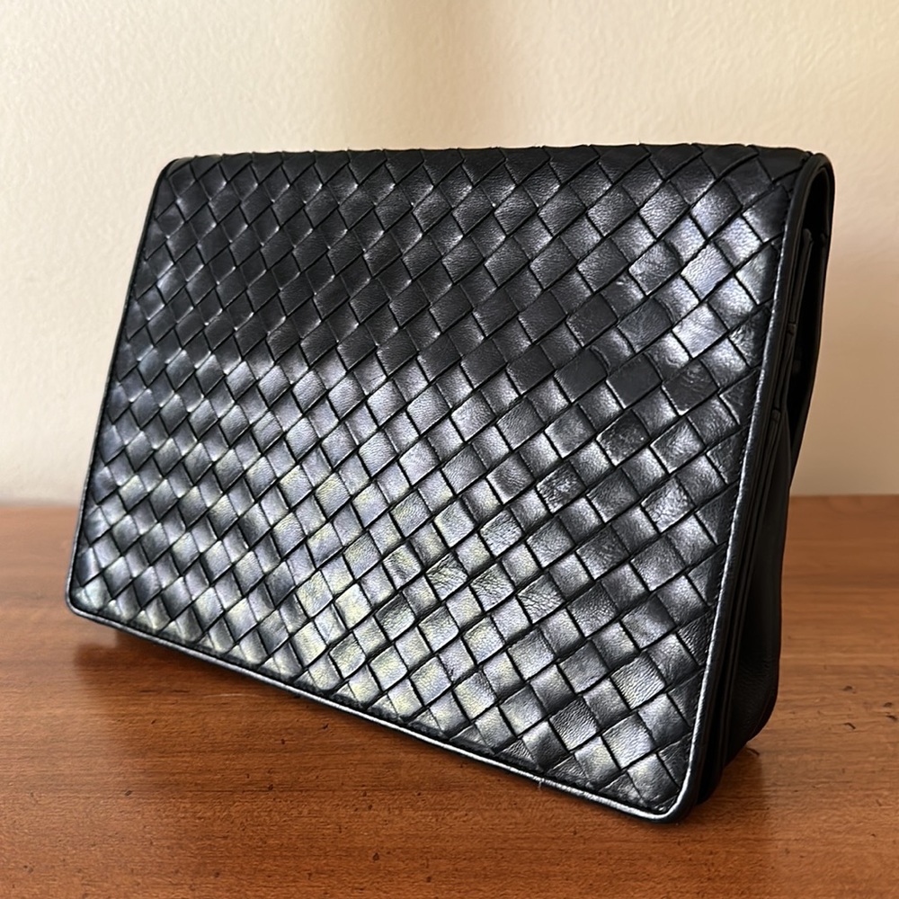 Bottega Veneta Italy Vintage Black Woven Leather Flap Front Snap Clutch
